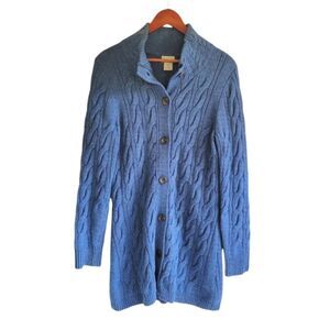 LL Bean Long Cable Knit Wool Cardigan Sweater Blue Women's Medium